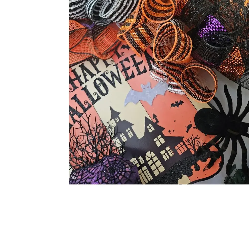 Handmade Halloween Wreath Orange Black Purple 30x7 Deco Mesh